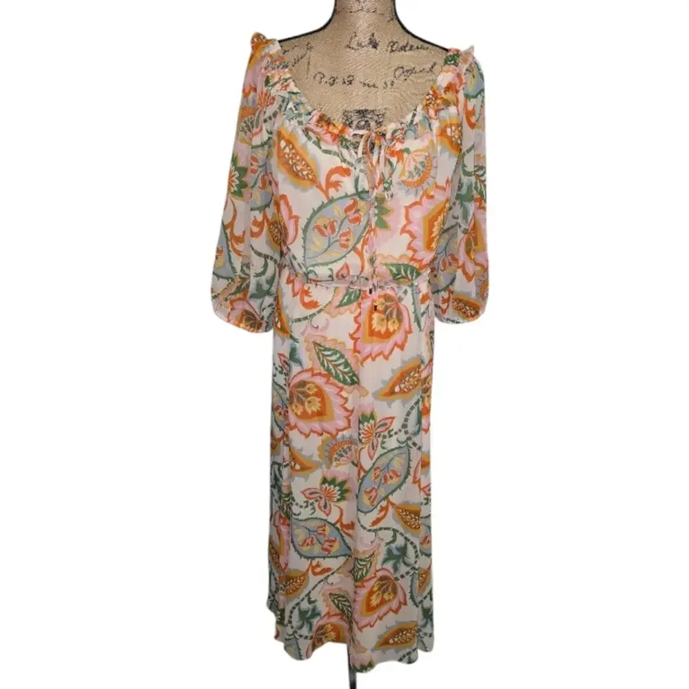 1. State Floral Cream & Orange Floral Boho Peasant Print Women's Midi Dress Plus